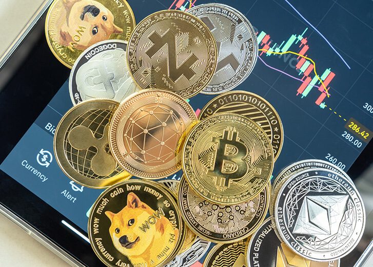 Cryptocurrency on Binance trading app, Bitcoin BTC with altcoin digital coin crypto currency, BNB, Ethereum, Dogecoin, Cardano, defi p2p decentralized fintech market