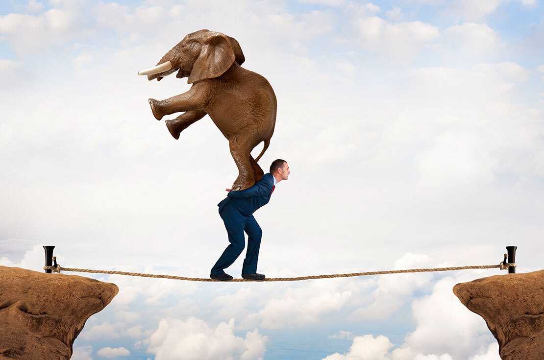 Businessman carrying an elephant across a tightrope chasm